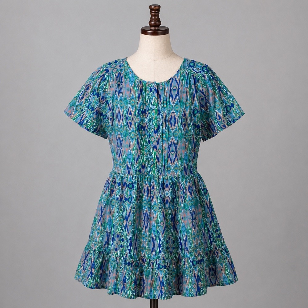 The Korner Ikat Mini Dress Womens S‎ Blue Green Tiered Boho Artsy